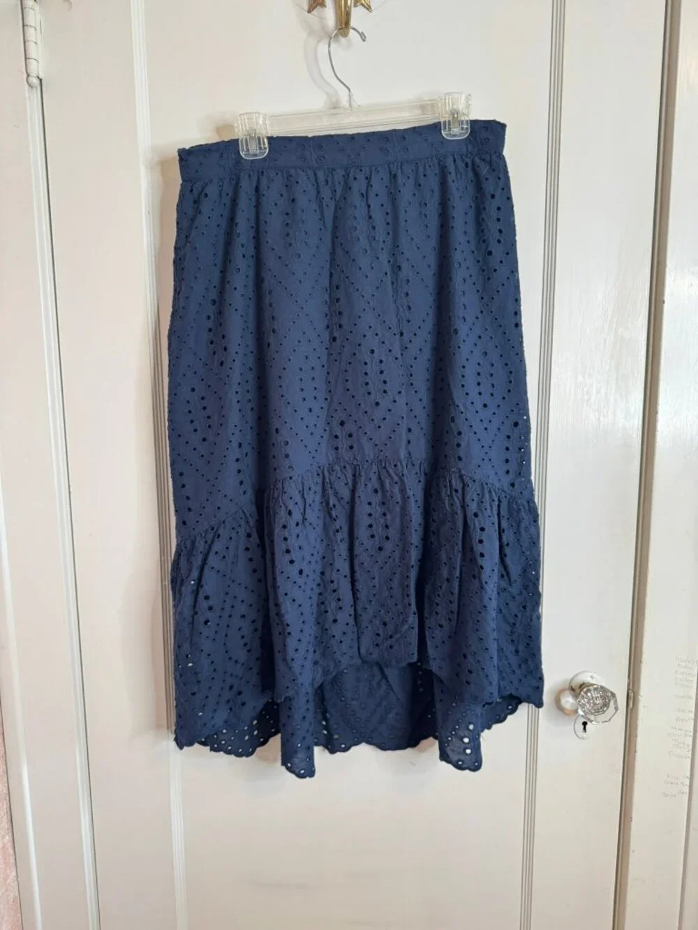 Joie Navy Dark Blue Cotton Eyelet Midi Tiered High Low Skirt sz L